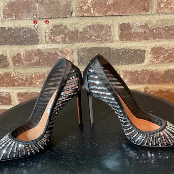 Aquazzura Black Mesh Crystal Embellished Stiletto Heels Pumps - Picture 8 of 9